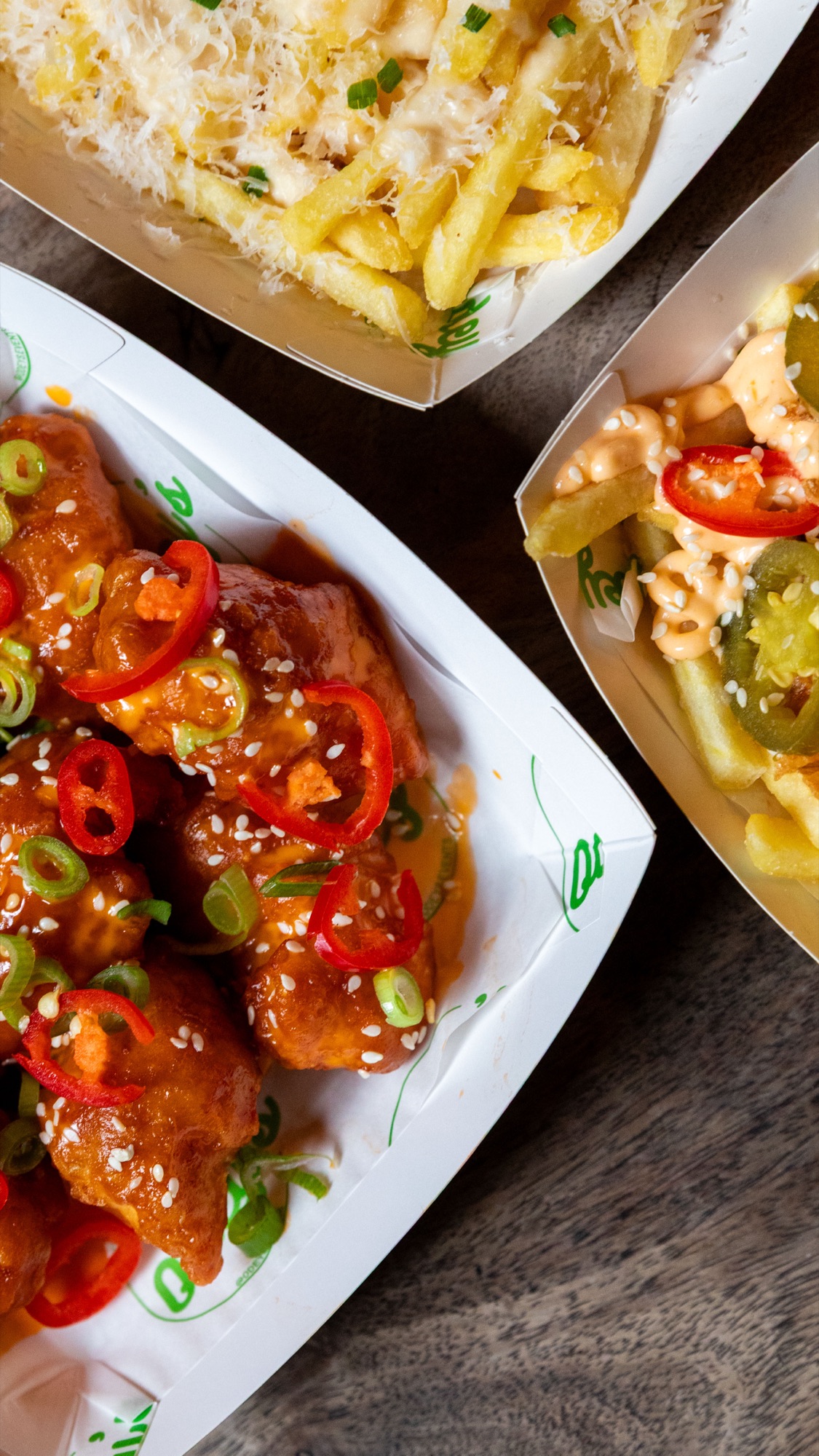 Glazed wings, truffle fries and dirty fries