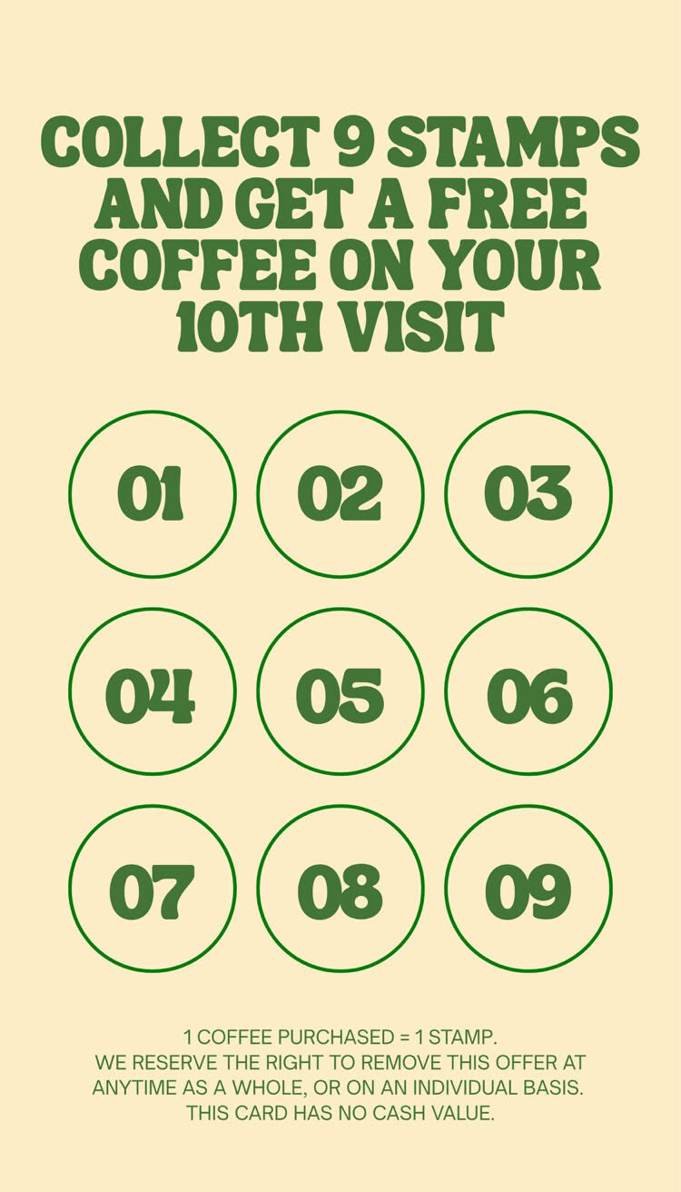 Odey's coffee loyalty card, back: collect 9 stamps and get a free coffee on your 10th visit. 1 coffee purchased is 1 stamp; this card has no cash value.