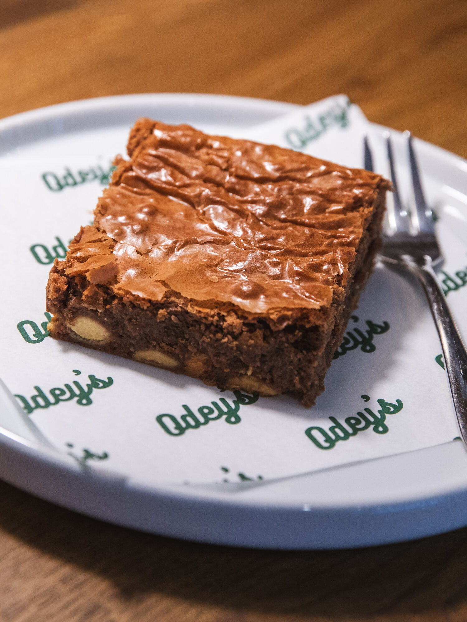 A chocolate and walnut brownie served at Odey's